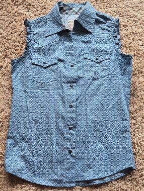 Girl's Roper Blue Patterned Sleeveless Western Snap Shirt, Lg 10-12